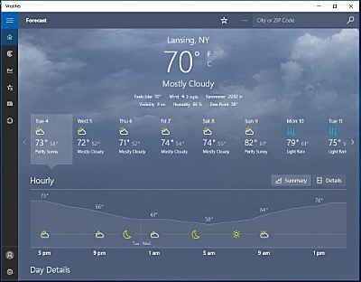 The Windows 10 Weather app, which also has a live tile in the Start menu that gives you a quick snapshot of current conditions Windows 10 Weather