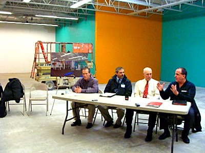 (Left to right) Borg Warner Plant Manager Dave Anderson, Tetra Tech Vice President of Operations Kevin terry, Ithaca Y CEO Frank Towner, Advantage Sport and Fitness President John Murray talk about the new Functional Fitness Center that will be completed next week. ytrainingroom panel