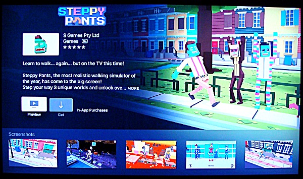 Each app has a down;oadinstall button, a description of the app, tells you if there are in-app purchases available (such as subscribing to a streaming service), a series of screen shots, customer ratings... sound familiar? It is very much the same as the iPhone or Mac app stores. Apple TV 4