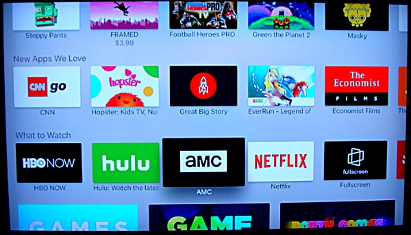 The app store has network apps and games, plus some utility apps such as an Internet speed test app Apple TV 4