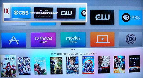 Siri types your request on the screen (inset), but doesn't say anything herself. She simply fulfills your request. Apple TV 4