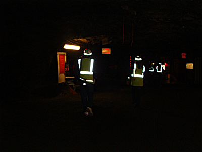 This is what should have happened at the end of that elevator ride. The elevator lets you out here, where mine workers are easily spotted because of reflective vests and helmet lights. Cargill Elevator