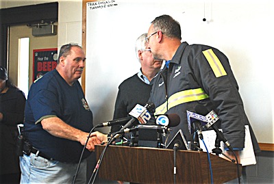 Incident Commander Dennis Griffin (left) and Cargill Mine Manager Shawn Wilczynski after 17 mine employees were rescued. Incident Commander Dennis Griffin (left) and Cargill Mine Manager Shawn Wilczynski