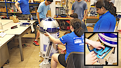 This R2D2 has an embedded drawer (inset) from which it delivers tools to students working in the lab. It even has a limted beeps and whistles language it uses to speak to people, and uses voice recognition to understand them. R2D2