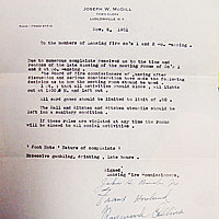 In 1951 drinking and gambling in the South lansing fire station had gotten out of hand. (Click to see the a larger version. Document courtesy of the Lansing Historical Association and Lansing Town Historican Louise Bement) Fire Department 100