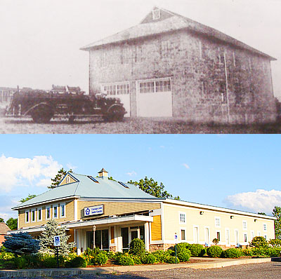 Then and Now: South Lansing Fire Station was built in 1938 (above, photo courtesy of Lansing Historical Association and Lansing Town Historican Louise Bement). The two story cinder block building could store 1,000 barrels of water. Kirby Sharpsteen, Raymond Collins, Oliver Holden, Robert Smith, and Frank Howland were selected to be the new fire district's first commissioners. Years after the move to Central Station the South Lansing fire station was converted to commercial space (below). Lansing Fire Department 100 Years