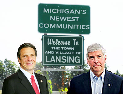 New York Governor Andrew Cuomo (left) and Michigan Governor Rick Snyder announce that the Town and Village of Lansing will be relocated from New York to Michigan by late 2018. Lansing Is Moving