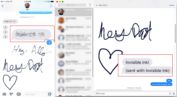 In this example the phrase "Invisible Ink" was sent with the invisible ink effect. )n the iPhone (left) the text is smudged with bunches or dots (see inset), but when you touch it the text appears, then is gradually smudged again. On the Mac (right) you just get the text with a second message reading "(sent with Invisible Ink)" (again, see the inset). All in all, the mac OS version of messaging is disappointing. Messages