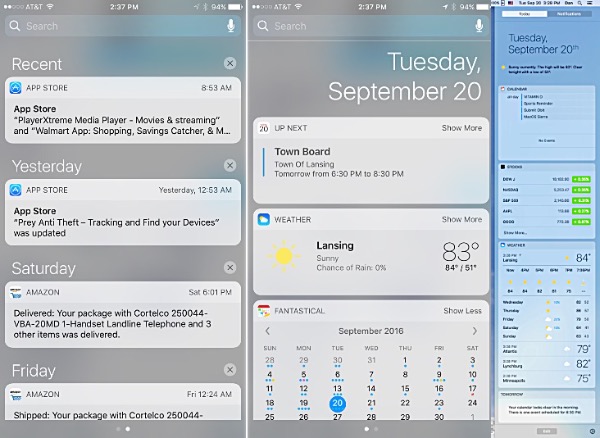 iOS Notifications (left and center) look friendlier and are easier to read. On the Mac (right) they are also brighter and more accessible than in iOS 9. Notifications and Lock Screen