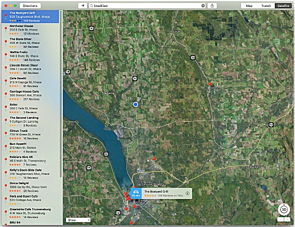 Type "breakfast" into Apple Maps on your phone or computer and you get suggestions for nearby breakfast restaurants and their locations. Pic one and you can ask for for details and directions from your current location. The mac OS version is pictured, but it works the same on iOS. Aple Maps
