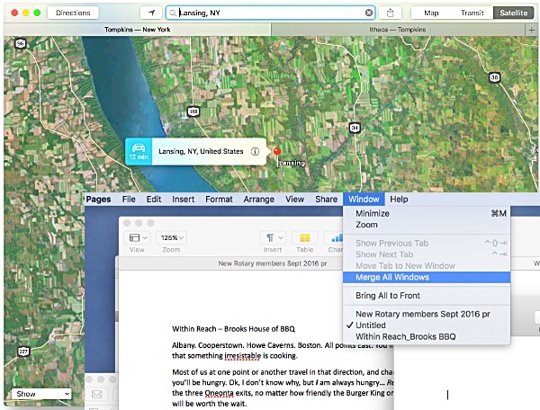 In some apps like Safari and Maps (top) press the Command Key plus the T key and a new tab opens. In apps like Pages (below) you have to open windows separately and then find Window -> Merge All Windows in the menu. In this illustration two tabs are open and a third document is open in a new window. The only way to bring the new window into a tab in the original window is through the Window menu. What??? newos tabs