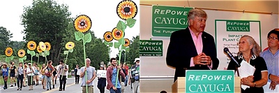 The repowering plan prompted a protest in 2013 (left) while Lansing officials (shown at right NYS Senator Mike Nozzolio, then Lansing Supervisor Kathy Miller, Lansing School Superintendent Chriss Pettograsso) strongly supported the repowering plan Power Plant