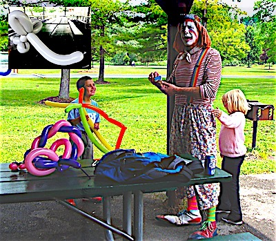Crossroad the Clown was on hand, juggling and making balloon animals for the kids -- and the young at heart. He made an elephant (of course) for Republican Mike Sigler Crossroad