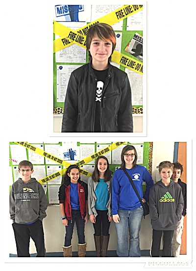 Hazel Thomas (6th), top photo. Lower photo left to right: Logan McDonald (7th), Hana Thibault (7th), Teresa Garcia (8th), Arista Rutherford-Reed (8), Jack Collins(7th-perfect score), Elliott Green (7th)) school wordmaster 02