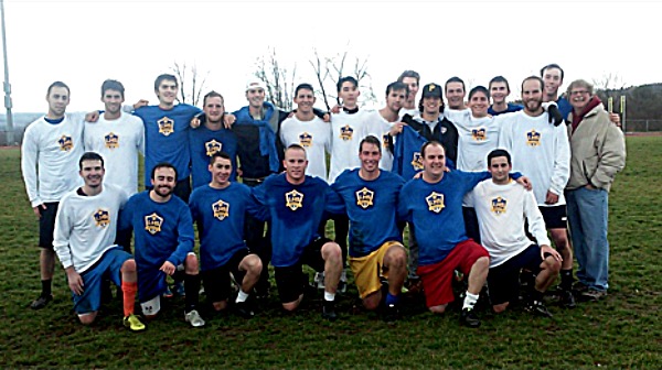 Front Row l to r – Bryce Stanhope '15; Patrick Sweazey '08; Ben Kutler '15; Sean Streb '12; Ben Parkes '12; Dan Cheatham '05; Tim McGiff '08 Back Row l to r – Tyler Fleming '08; Ethan Kutler '13; Chris Robinson '16; Jake Palladino '14; Jason Yahn '14; Tim Arleo '13; Woojin Richardson '13; Clinton Herzog '14; Richard McDonough '13; Alex Schutz '14; Spencer Warkenton '13; Andy "Adogg" Roth '12; Matt Robinson '15; Dan Hranek '08; Andy Parkes '14; Coach Dave Schlesinger. Not pictured – Jonathon Sun '13 soccer alumni2