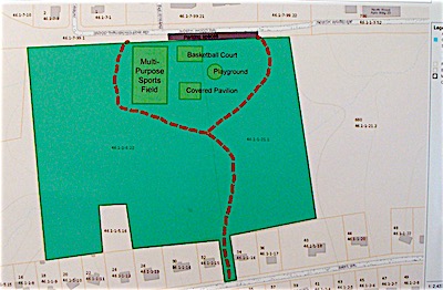 This rough concept shows a semi-circular path surrounding the park with the majority of the property remaining in its natural state. Village Trustee Ronny Hardaway said the sports field will most likely be located on the west side of the park because of existing terrain, but all other park areas are still in the rough planning stage. New Village Park