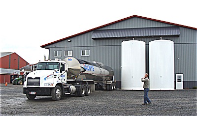 From cow to store shelf -- the milk is piped into one of two large tanks outside the milking parlor building, where it is immediately pumped into a truck bound for a processing facility. Skip Hardie says that milk should be 48 hours old at most when it hits the store shelves. Milk Tanks