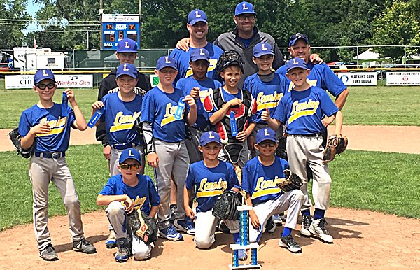 Left to right: Front row (kneeling): Carter Watts, Tyler Smith, Trent Thibault; Second row: Henrik Axelson, Korbin Lovejoy, Avery Wells, Conner Collins, Jordan Sidle; Third row: Assistant Coach Anders Axelson, Dominick Smith, William Stallone, Coach Stephen Smith; Back row: Coaches Matt Sidle and Gus Axelson Lansing 10U 2017 Schuyler County 10 Tourney Champions