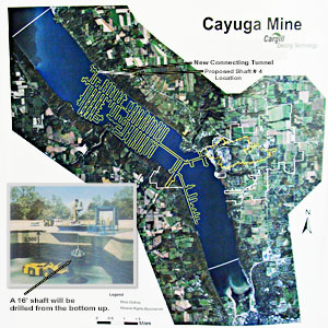 Most of the Cayuga Salt Mine is under Cayuga Lake. About 75% of a nearly mile-long shaft is currently being mined to connect the new shaft with the current northern-most active mining area. When drilling begins to create the shaft, if will be done from the bottom up for both safety and noise-abatement reasons. As drilled rock falls to the bottom it will be carted into unused tunnels, minimizing any environmental issues on the surface. (Graphis courtesy of Cargill) New Mine Shaft