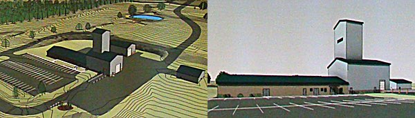 Three structures designed to look like farm buildings will enclose the shaft head, a hoist, plus offices and changing rooms. (Renderings courtesy of Cargill) New Mine Shaft