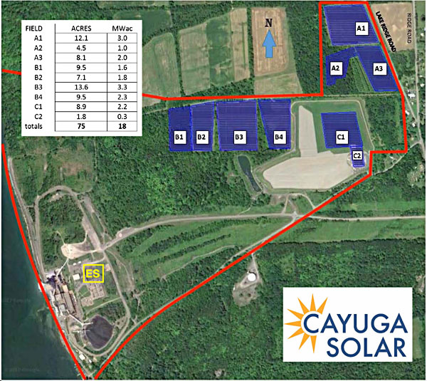 The coal-powered Cayuga Power Plant (lower left) is only a small piece of the 434 acre site owned by Cayuga Operating Company (enclosed within the red line on this map). The proposed Cayuga Solar farm will be located on 75 acres in the north-eastern portion of the site. It will have an 18 megawatt capacity, making it one of the largest solar farms in the state, and the largest in upstate New York. (Map courtesy of Cayuga Operating Company) cayugasolar SiteMap600