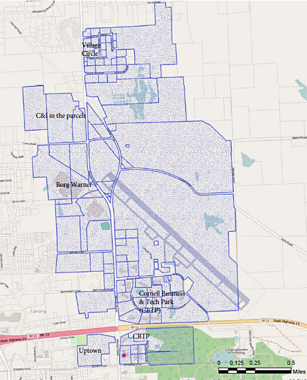 Four major development areas in Tompkins County were evaluated for the availability of existing infrastructure to support projected projects. They include South Hill, including a node by King Road, the redevelopment of the Emerson site, a possible expansion of the South Hill Business campus, and the Therm property which is expanding moderately now; the East Hill Plaza area where Cornell is talking about redevelopment; Downtown Ithaca where there are a number of development proposals for redevelopment of sites, and new projects on vacant sites; and the Village of Lansing area near the airport (shown in this map taken from the study). Airport Energy Focus Area