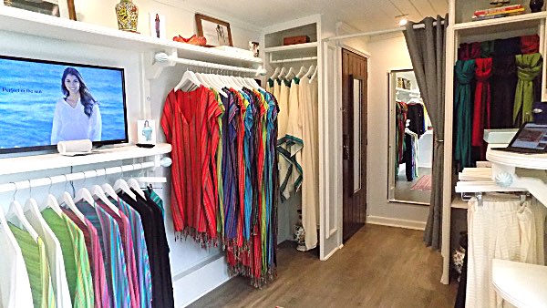 The interior of the tiny shop has plenty of product, attractively displayed. A presentation on a flat screen TV tells the story of the clothes and the company, and there are even changing rooms where customers can try the garments on. Florida Cotton Company