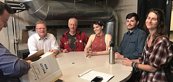 NLRB Agent counting votes on far left; Kevin Cuddeback, Gimme! Owner; Pete Meyers, TCWC; Korbin Richards, Gimme! Union Barista Organizer; Caleb Harrington, Gimme! Union Barista Organizer; Samantha Wilson, Gimme! Union Barista Organizer. Photo by Richard Bensinger gimmeNLRB
