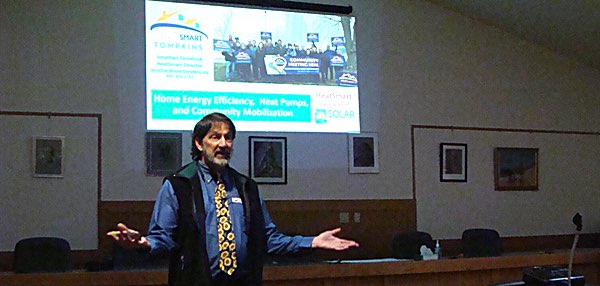 HeatSmart Tompkins Director Jonathan Comstock explains the financial, comfort, and environmental benefits of heating and cooling your home with heat pump technology at the Lansing Town Hall Monday Heatsmart Tompkins