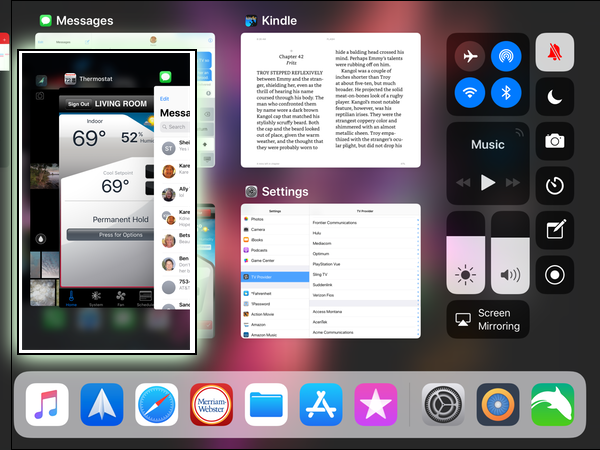 In both versions of iOS you could double click the Home button to see all the currently open apps. Touching one would make it live on your screen, while swiping up would actually close the app. That hasn't changed on the iPhone in iOS11, but it is much nicer on the iPad. Swiping up or double clicking Home have the same result: the control center is displayed at the right, and open apps are shown at the left, much more clearly displaying each app. The dock now has two parts. You place your most used apps on the dock as you did before, but now apps you recently used take the three right-hand-most spots on the app so you can quickly recall them. iPad Control Center