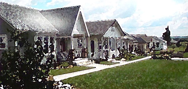 The 2010 rendering shows 1,200 square foot cottage-style homes, nine stand-alone, and one triplex. The units have front porches facing Oakcrest Road, and one-car garages at the rear. The rear of the development would connect to the BJ's Wholesale Club store by a walking path passing through wetlands and a bird sanctuary. Lansing Meadows
