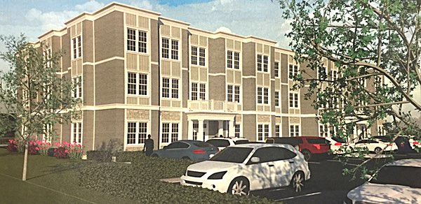 This 2017 rendering shows a three-story, 30 apartment building facing Oakcrest Road with 54 parking spaces. Wetlands have been greatly reduced, and a bird sanctuary is no longer contemplated. Lansing Meadows