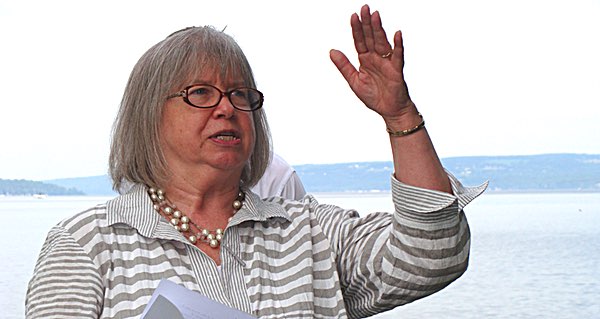 NYS Assemblywoman Barbara Lifton at Stewart Park Thursday, called for Cargill to mine under dry land, rather than under Cayuga Lake. Photos by Karen Veaner NYS Assemblywoman Barbara Lifton