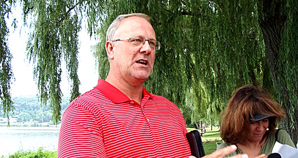 Mine Manager Shawn Wilczynski answered questions after the Lifton press conference in Stewart Park yesterday Shawn Wilczynski