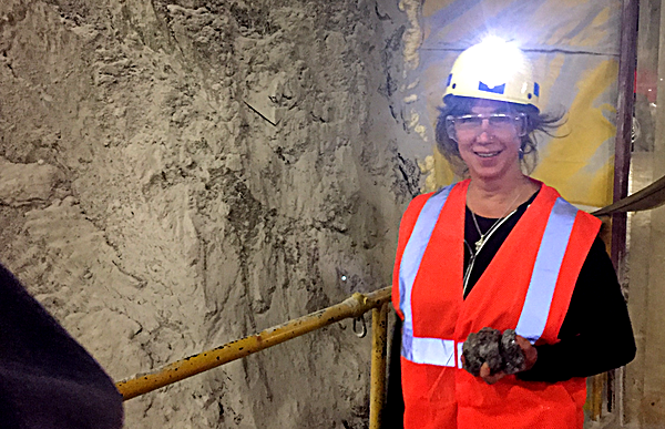 Town Councilwoman Katrina Binkewicz holds a chunk of unprocessed rock salt Katrina Binkewicz
