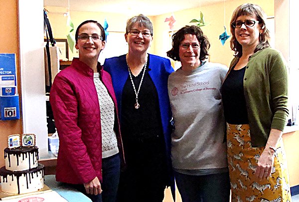 LCL Board Secretary Tania Lawrence, Margaret Shackell, LCL Board President Emily Franco, Librarian Susie Gutenberger. 50 for 50