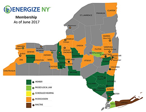 Tompkins County and the City of Ithaca were among the first communities to jump on board the PACE bandwagon. County officials are hopeful that the first successful PACE loan will be announced in August. Map by Energize NY™ PACE Member Map
