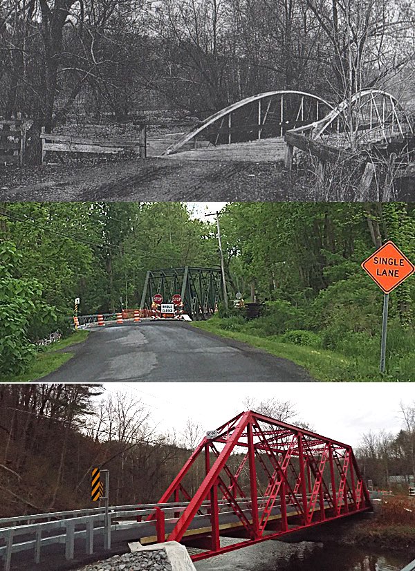 A century of Red Bridge: Red Bridge, not surprisingly got its name from its color. The current Red Bridge replaced an earlier version (top) that was destroyed in a flood almost a century ago. The new single-lane metal Baltimore through-truss bridge was built in 1920 was also red. But it was painted green after a 1962 repair job (center). The bridge (bottom) was painted red again this year after a major repair job by the Tompkins County Highway Department. Historical photo at top from 'Remember When - Ludlowville', compiled by Jeanne Nobles Bishop in 1997 for the Lansing Historical Association. Reb Bridge Through the Years