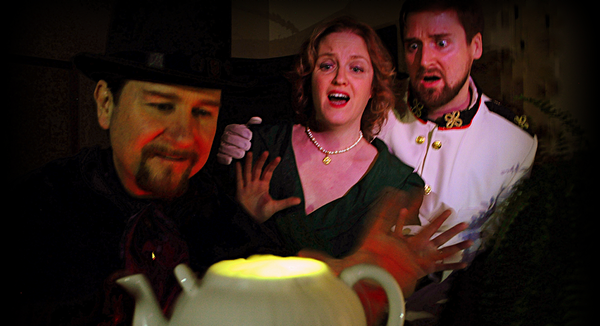 Kelly Hook as the Sorcerer, John Wellington Wells; Karen Wonder Dumont as Aline; Andrew Hudson-Sabens as Alexis. Photo by Chad Dumont savoyardsSorcerer