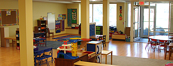 The 1,400 square foot space is divided into work and play stations. A fenced playground is out back. Sweet Peas Preschool