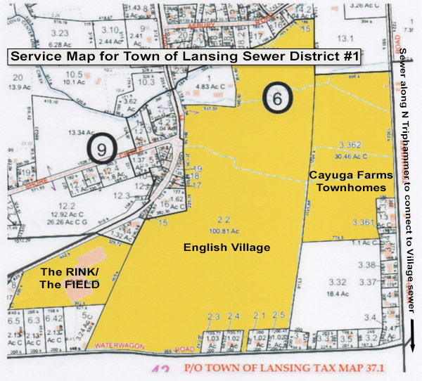 Three building projects will comprise the initial participants in the new sewer district service area: Cayuga Farms, English Village and the RINK/the FIELD Proposed Sewer Service Area