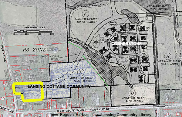 This map shows the Lansing Cottage Community project to the left (with phase one outlined in yellow) and the Cornerstone rental properies project at the right. The two are separated by a wetland area. A new road on the east side of the Cornerstone project would extend Woodsedge Drive across Auburn Road (34/34B). if both projects are completely built out, the Lansing Cottage Community development will bring 60 single family homes to Lansing, and Cornerstone will add 128 rental units. Tiny Timber project in Lansing