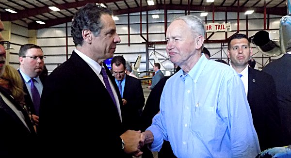 New York State Governor Andrew Cuomo and Village of Lansing Mayor Donald Hartill at an event last month in the Village to announce a $14.25 million grant to expand the airport, plus a new Department of transportation (DOT) facility to be located at the airport. Andrew Cuomo, Donald Hartill