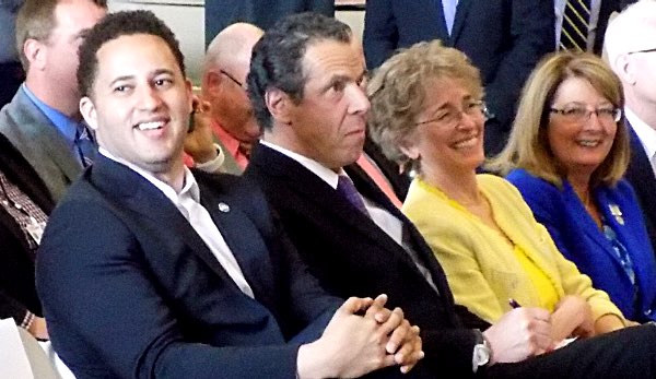 (Left to right) Ithaca Mayor Svante Myrick, NYS Governor Andrew Cuomo, Tompkins County Legislature Chair Martha Robertson, NYS Senator Pam Helming Airport Terminal Revitalization