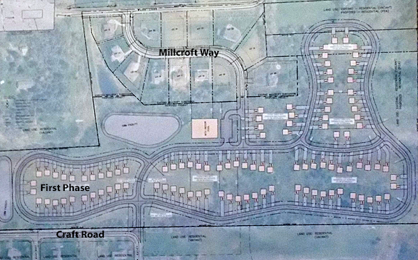 Lansing Village Cottages Plan shows 109 units (the little grouped squares) arranged in five 'pocket neighborhoods'. The Millcroft development is shown above and to the left of the cottage areas. Lansing Village Cottages Plan