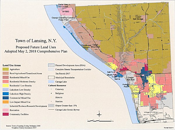 The light brown area on the revised Future Land Use map shows a possible new Agriculture zone. If implemented, more restrictive uses will be imposed than in the current RA zones, with the goal of preserving agriculture in the Town of Lansing, which has deep historical roots as a rural, agricultural community. Future Land Use Map