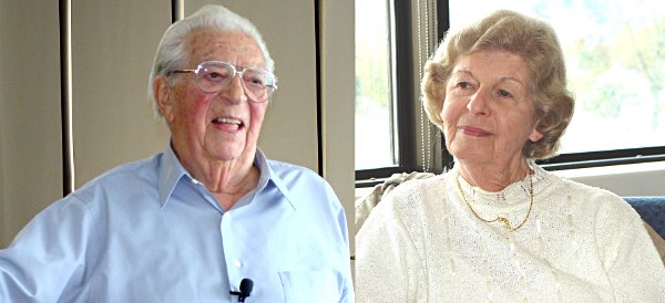 Fred and Ilse Voss, whose own family was driven from their home to live in a synagogue in Vienna until it was set on fire on Krisallnacht, at Lansing High School in 2012. Over many years Voss, now 99, told his story to hundreds of teenagers, who learned that their lives were quite different from Voss's when he was a teen in Germany during the Holocaust. fredandilsavoss 2012