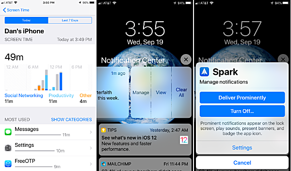 Screen TIme (left) shows you how productive -- or not productive you are being on yhour iPhone or iPad. You can manage your notifications while loking at them by swiping one to the left (center), and then choosing (right) how you want a particular app to notify you of things... or not. iOS 12