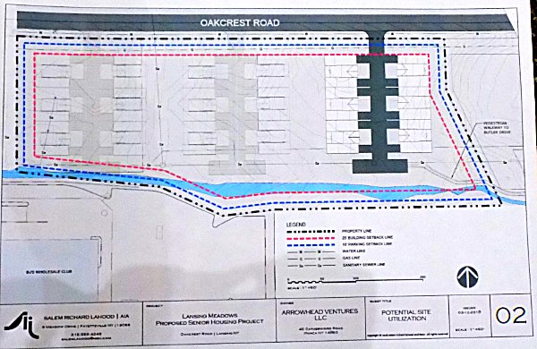 The developer provided this drawing showing a potential future that could incude six six-unit buildings that would make a total of 36 units. He insisted there is no plan to build out the additional four buildings now, and said he provided the drawing only in response to the Planning Board's desire to see a concept of what the land's potential future could look like. Lansing Meadows Future Drawing