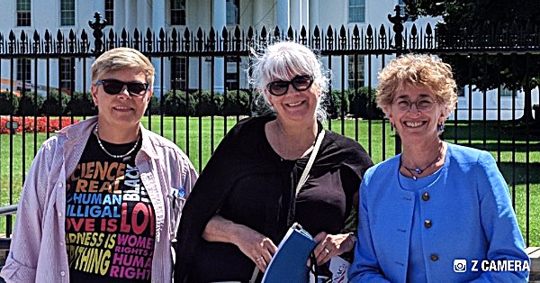 Tompkins County Legislators Koreman, Dawson, and Robertson in front of the White House legs Koreman Dawson Robertson at WH